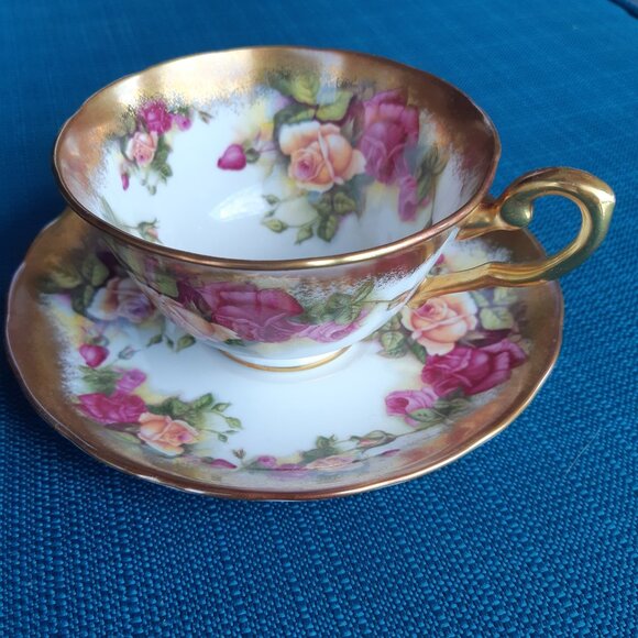 1940s Royal Chelsea Cake Plate, Teacup & Saucer, Golden Rose Bone China Vintage - Picture 6 of 14